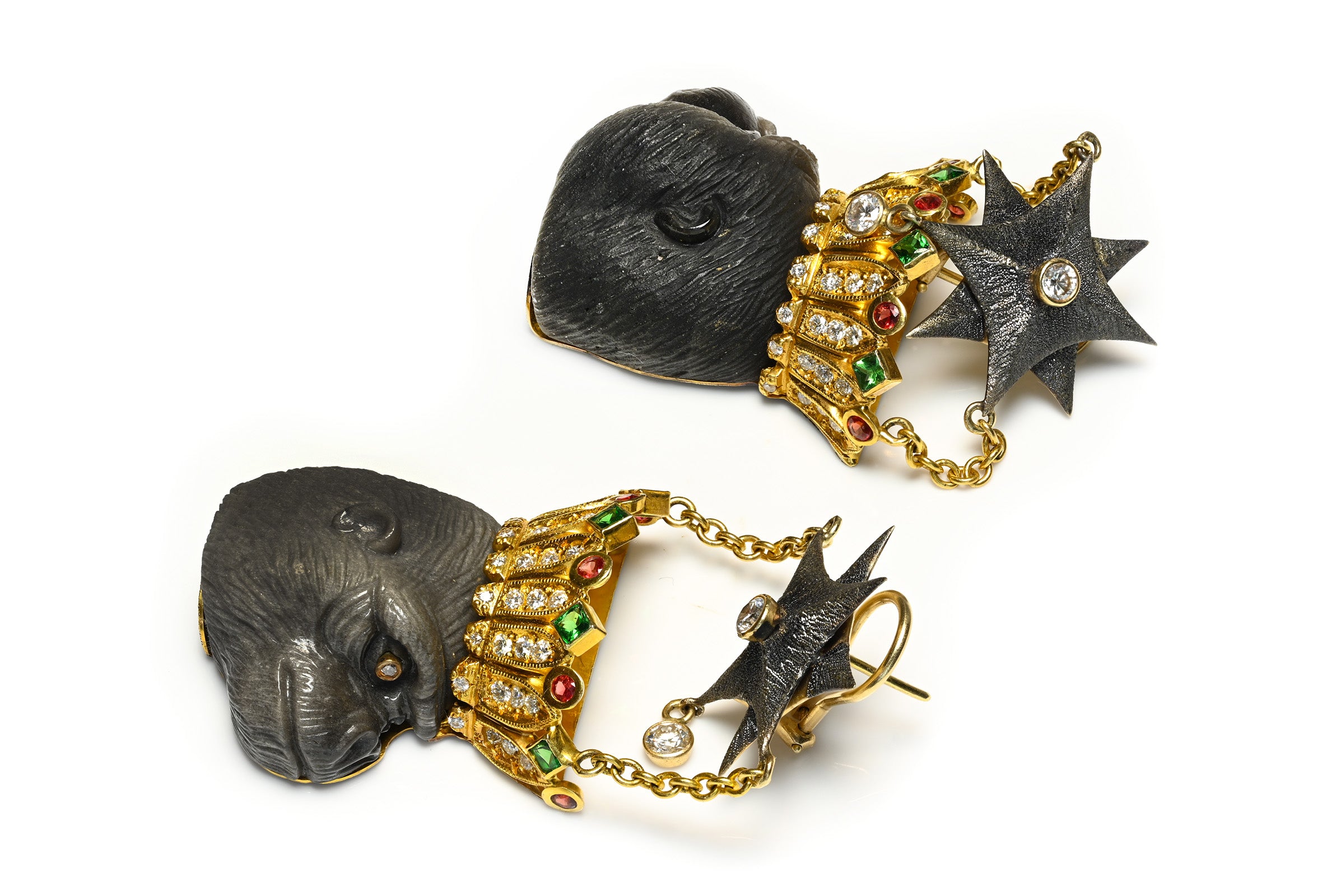 Carved Hematite Ape Earrings 18K Gold Diamonds, Rubies and Emeralds