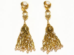 Chanel Paris 1996 Goossens Pearl Chain Tassel Shoulder Duster Earrings