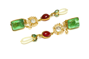 Chanel Paris Spring 1995 Barbie Gripoix Green Red Glass Pearl Earrings