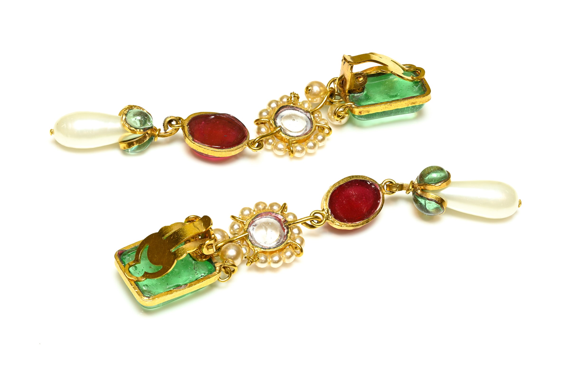 Chanel Paris Spring 1995 Barbie Gripoix Green Red Glass Pearl Earrings 2