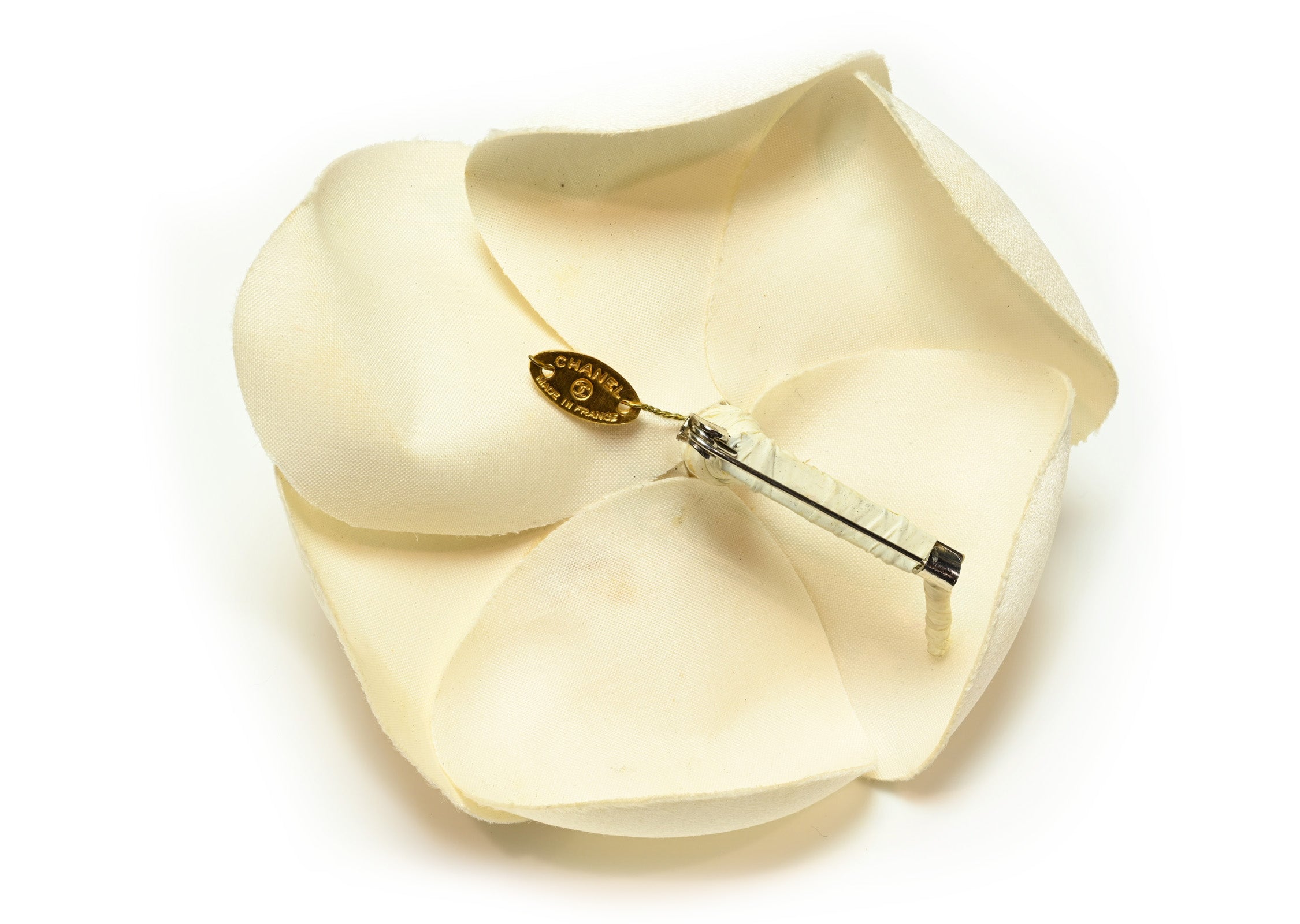 Vintage Chanel Paris White Satin Camellia Flower Brooch