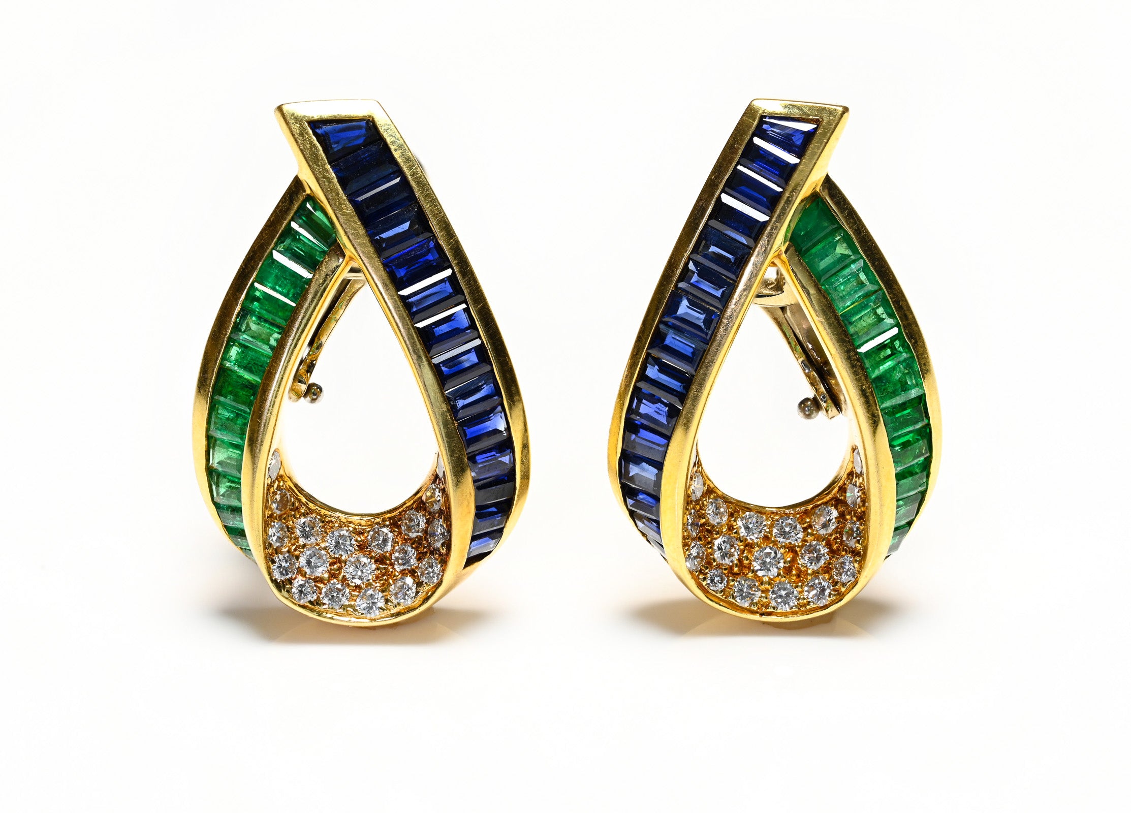 Charles Krypell 18K Gold Emeralds Sapphire Diamond Earrings