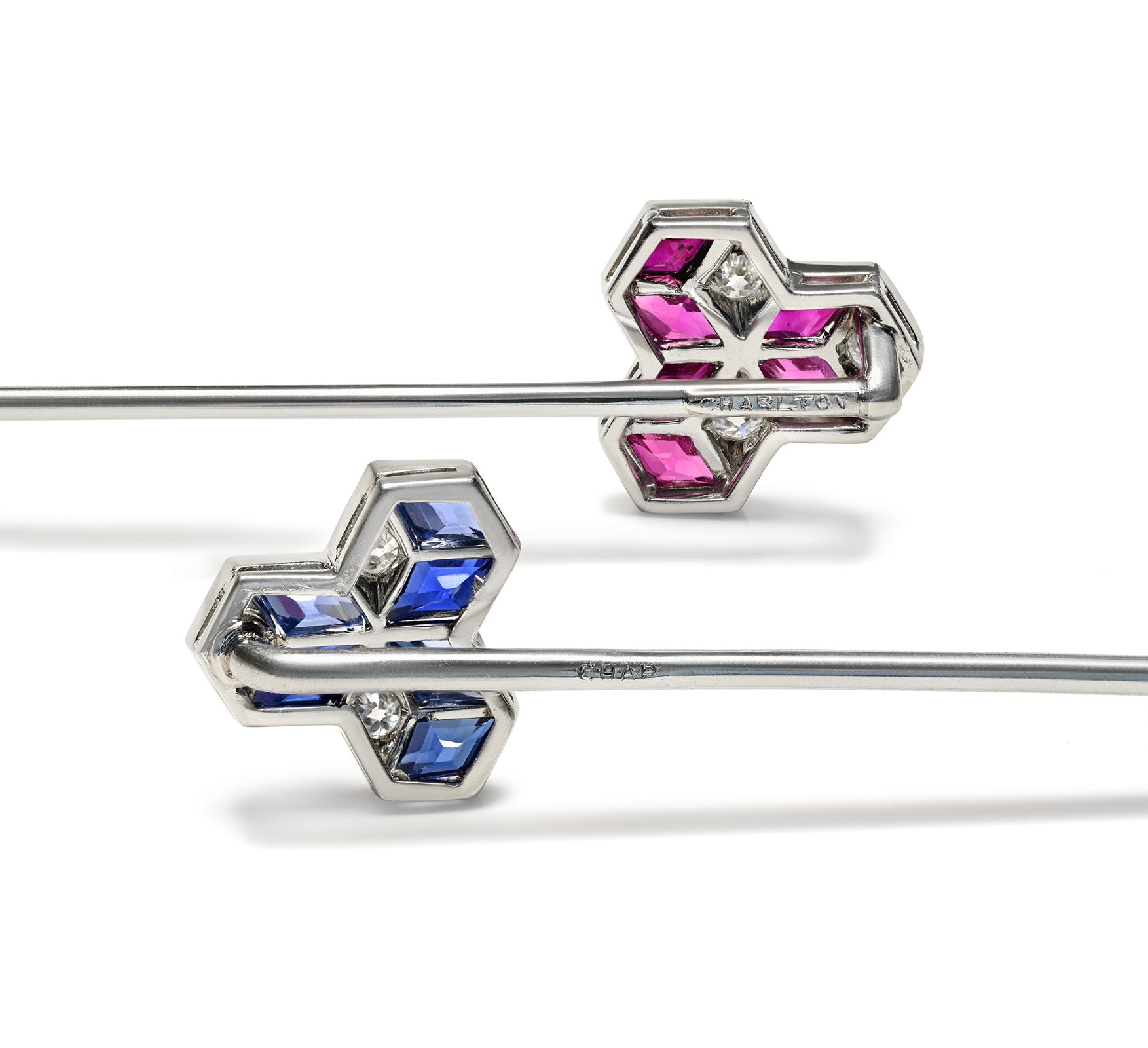 Rare Pair of Charlton & Co. Art Deco Diamond Ruby Sapphire Stick Pins