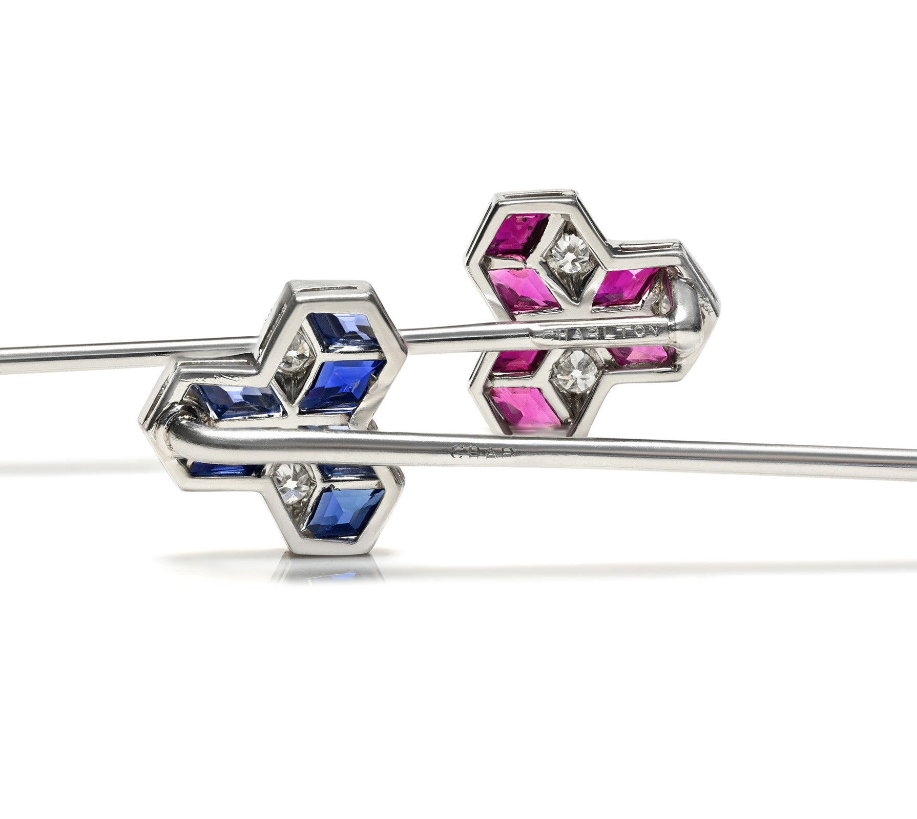 Rare Pair of Charlton & Co. Art Deco Diamond Ruby Sapphire Stick Pin