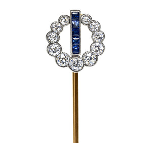 Edwardian Platinum-Set Gold Diamond and Sapphire Round Stick Pin