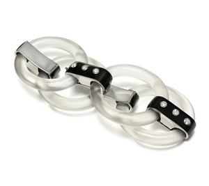 Wide Crystal, Black Enamel and Diamond Link Bracelet in 18K Gold