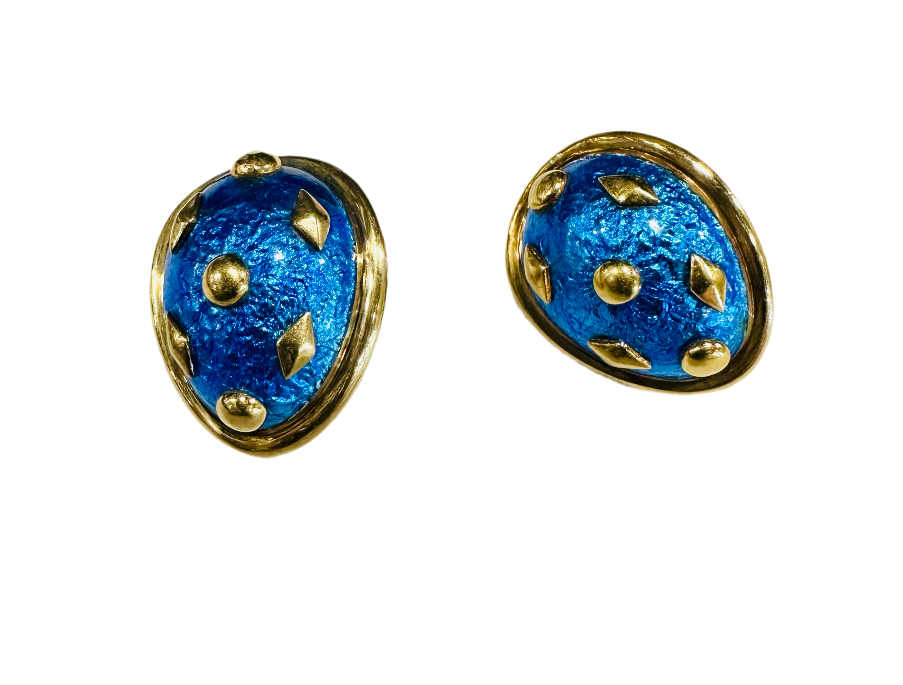 Tiffany & Co. Schlumberger 18K Gold Blue Enamel Dot Lozenge Earrings