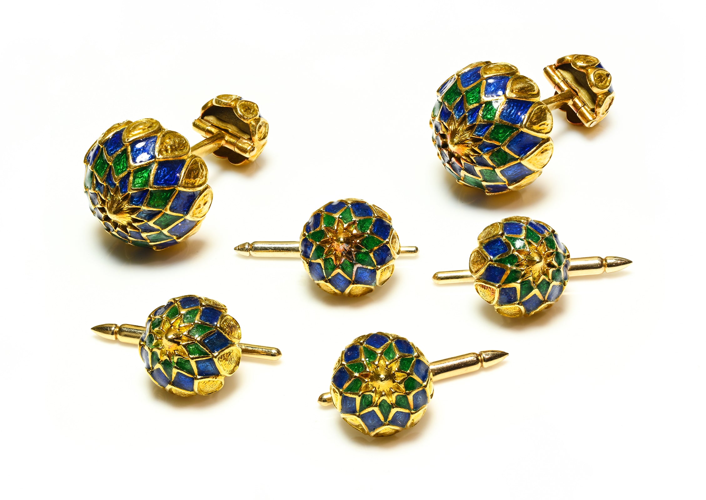 David Webb 18K Gold Blue Green Enamel Artichoke Cufflink 4 Stud Set