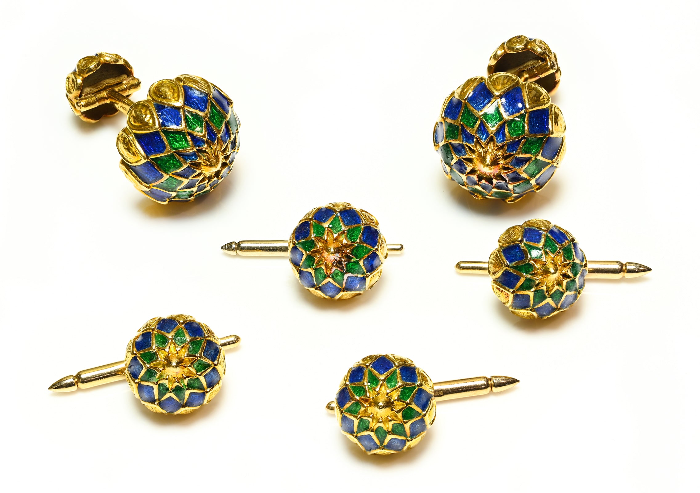 David Webb 18K Gold Enamel Artichoke Cufflinks 4 Stud Set