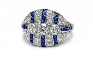 Vintage Diamond Platinum Ring with French-Cut Sapphires