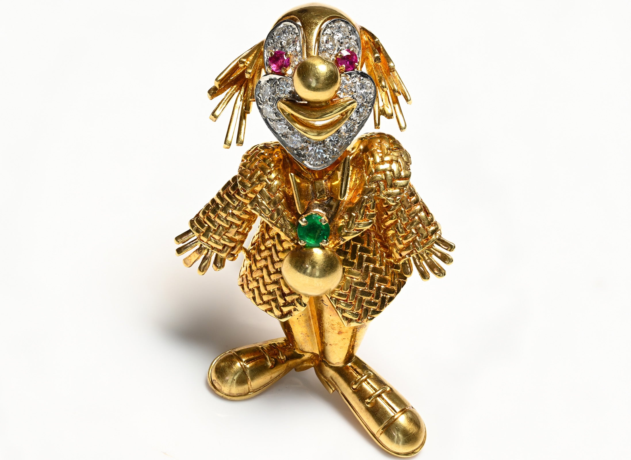 Diamond Ruby Emerald 18K Gold Clown Brooch