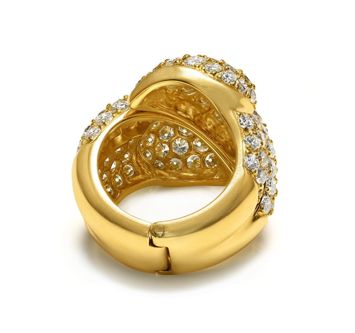 The back of a Diamond 18K Yellow Gold Hinged Bypass Ring, 6 Carats