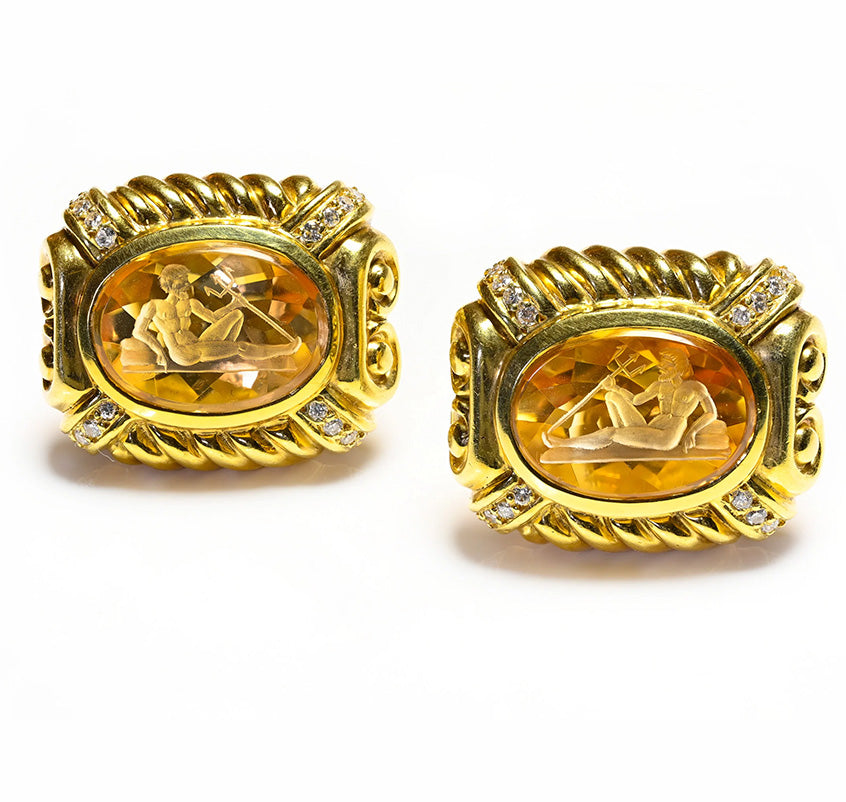 Diamond Carved Poseidon Neptune Citrine 18K Gold Earrings