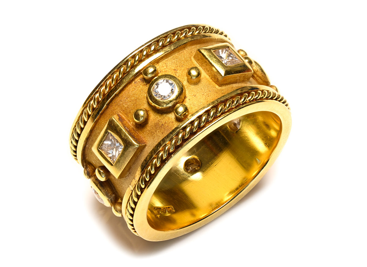 Diamond Gold Textured Wide Band Ring by Raymond Mazza