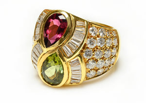 Diamond Pink Tourmaline Green Tourmaline 18K Gold Ring