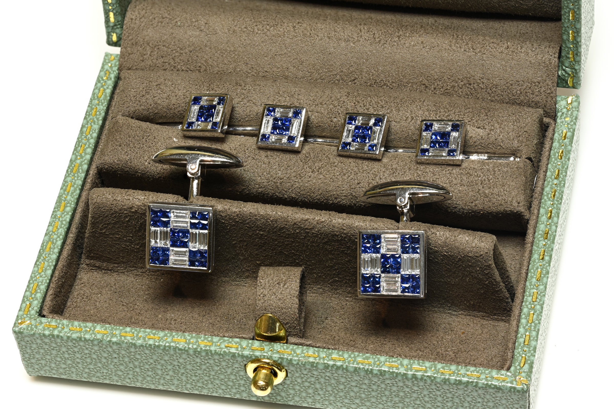 Diamond Sapphire 18K Dress Set Cufflinks 4 Studs in Box 