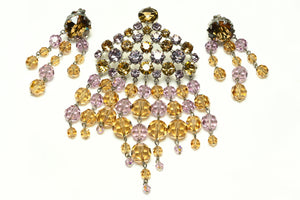 Christian Dior 1961 Henkel & Grosse Pink Brown Crystal Tassel Brooch Earrings Set