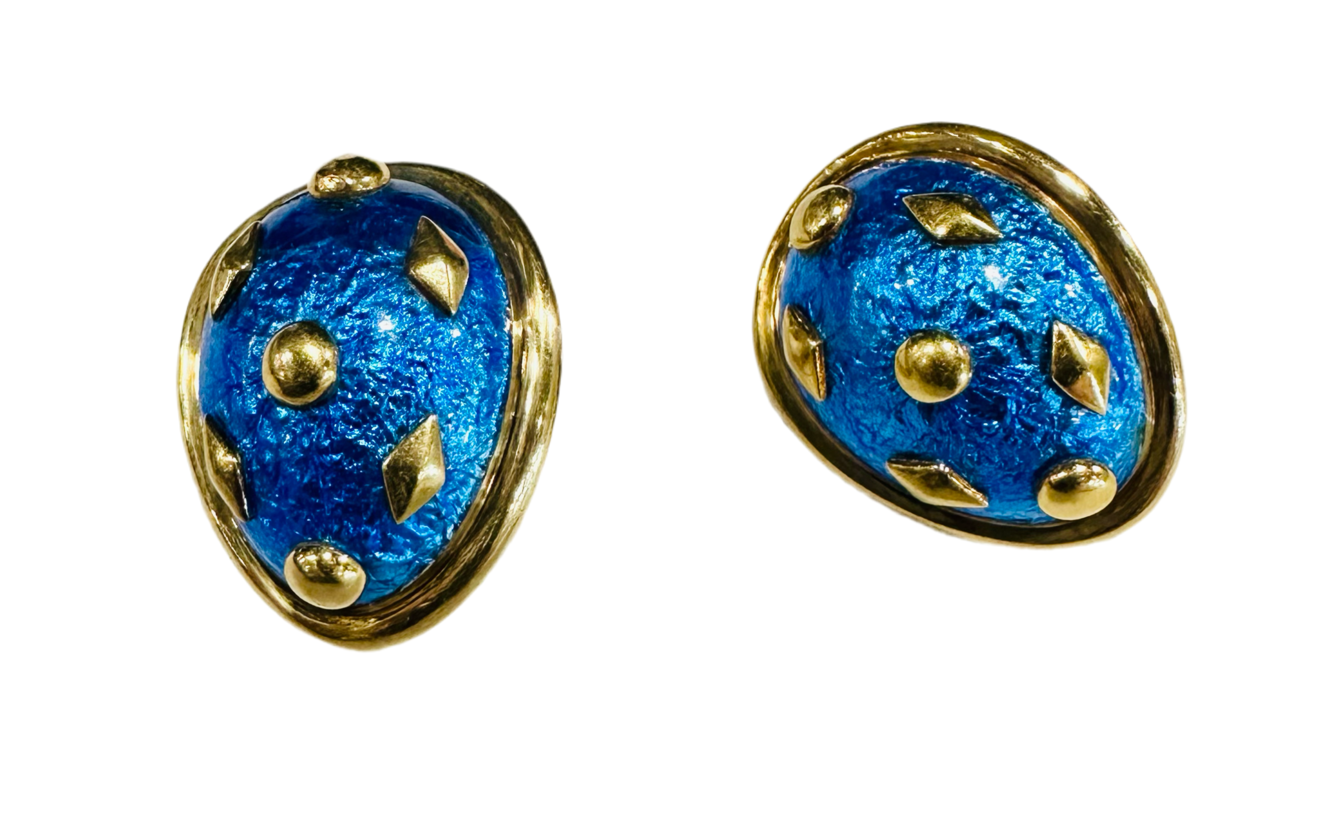 Tiffany & Co. Schlumberger 18K Gold Blue Enamel Dot Lozenge Earrings