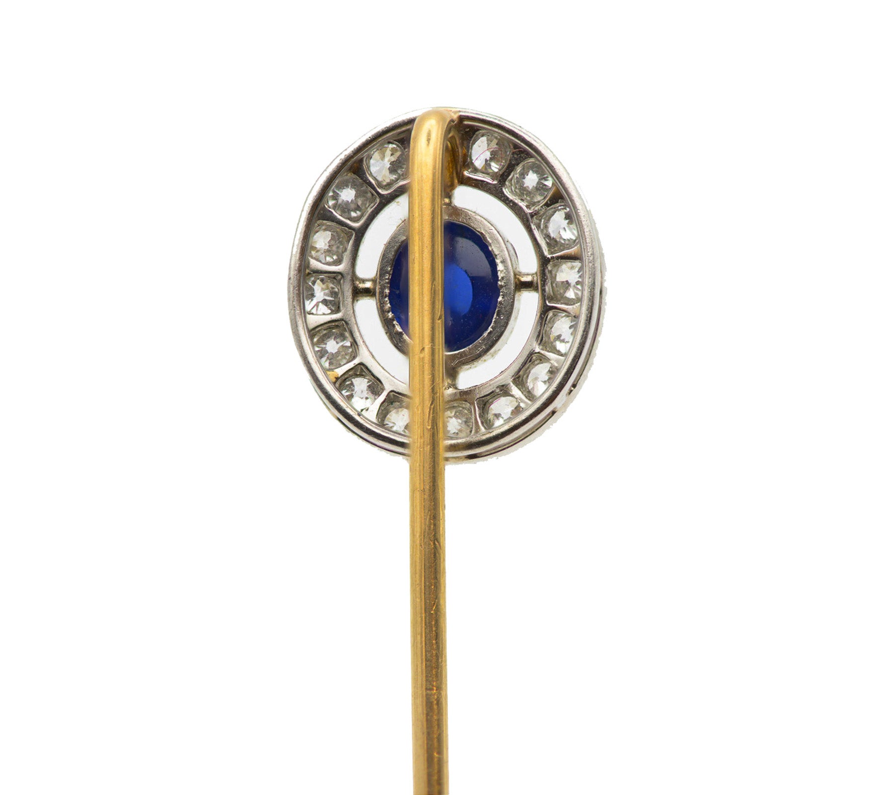 Antique Gold Platinum Edwardian Cabochon Sapphire Old Mine Cut Diamond Circle Stick Pin