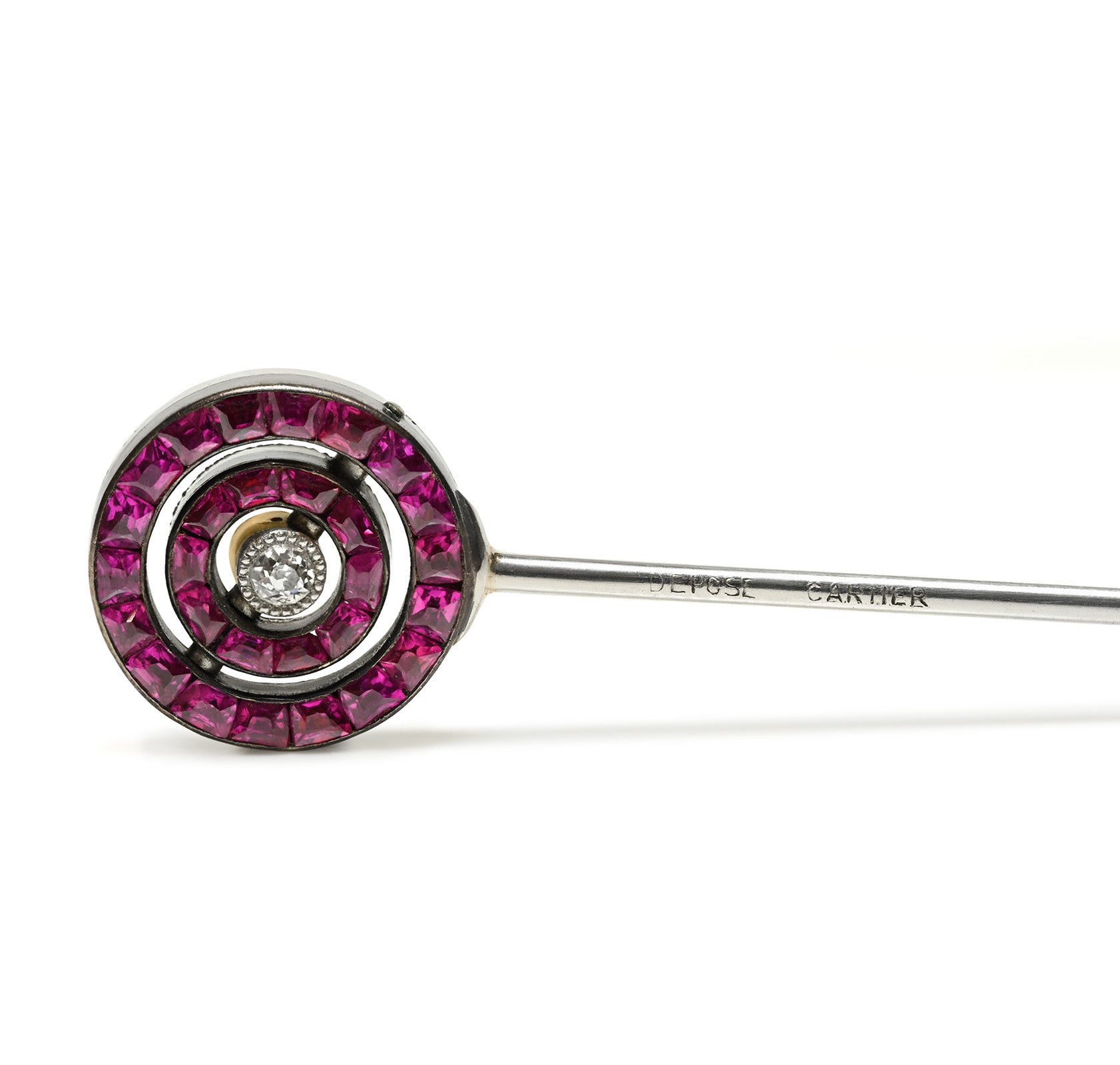 Cartier Ruby Diamond Reversible Swivel Stick Pin Hallmark Depose and Cartier Stamp 