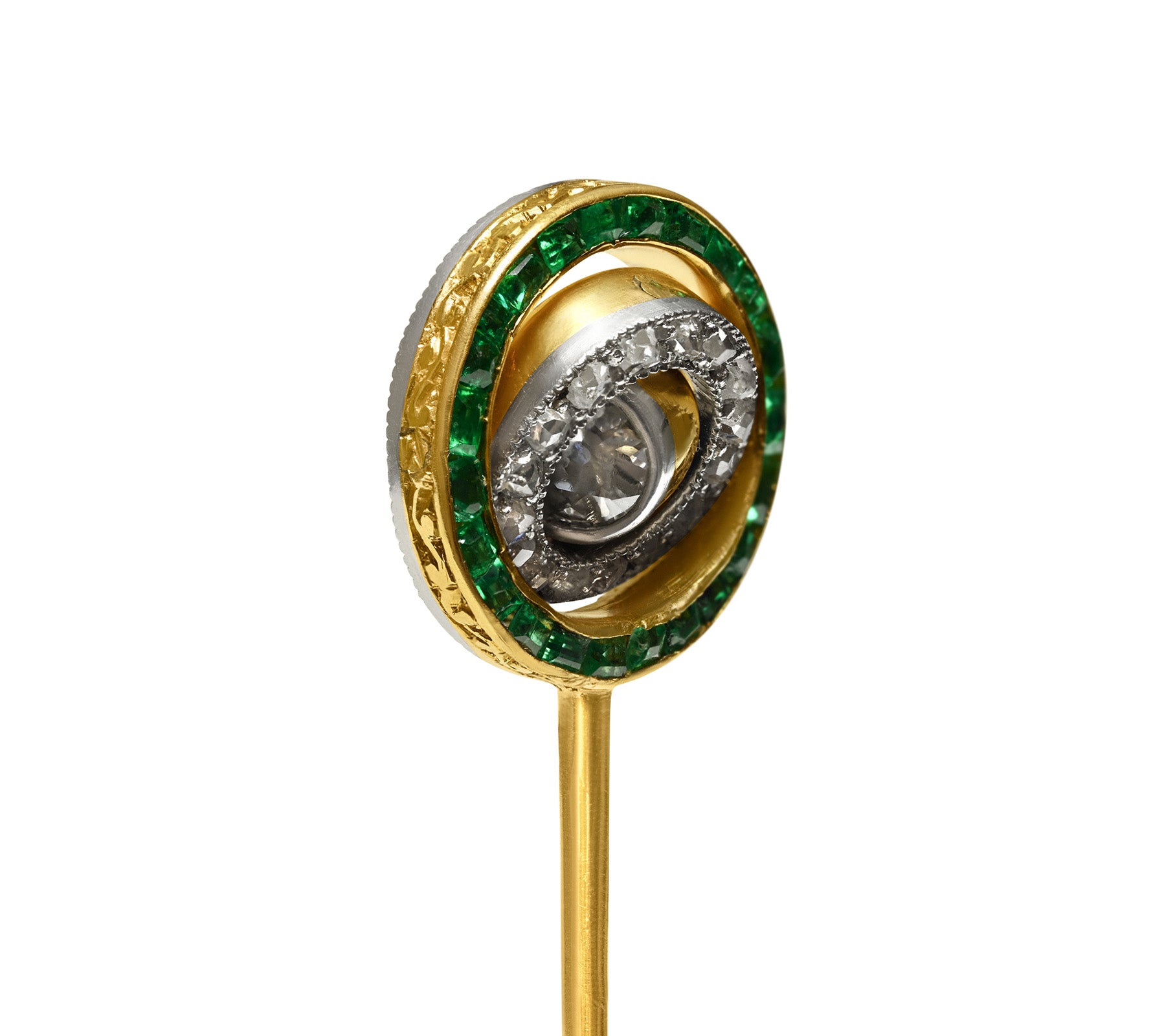 Edwardian Engraved Emerald Diamond Swivel Stick Pin