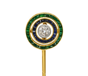 Edwardian Engraved Emerald Sapphire Diamond Swivel Stick Pin
