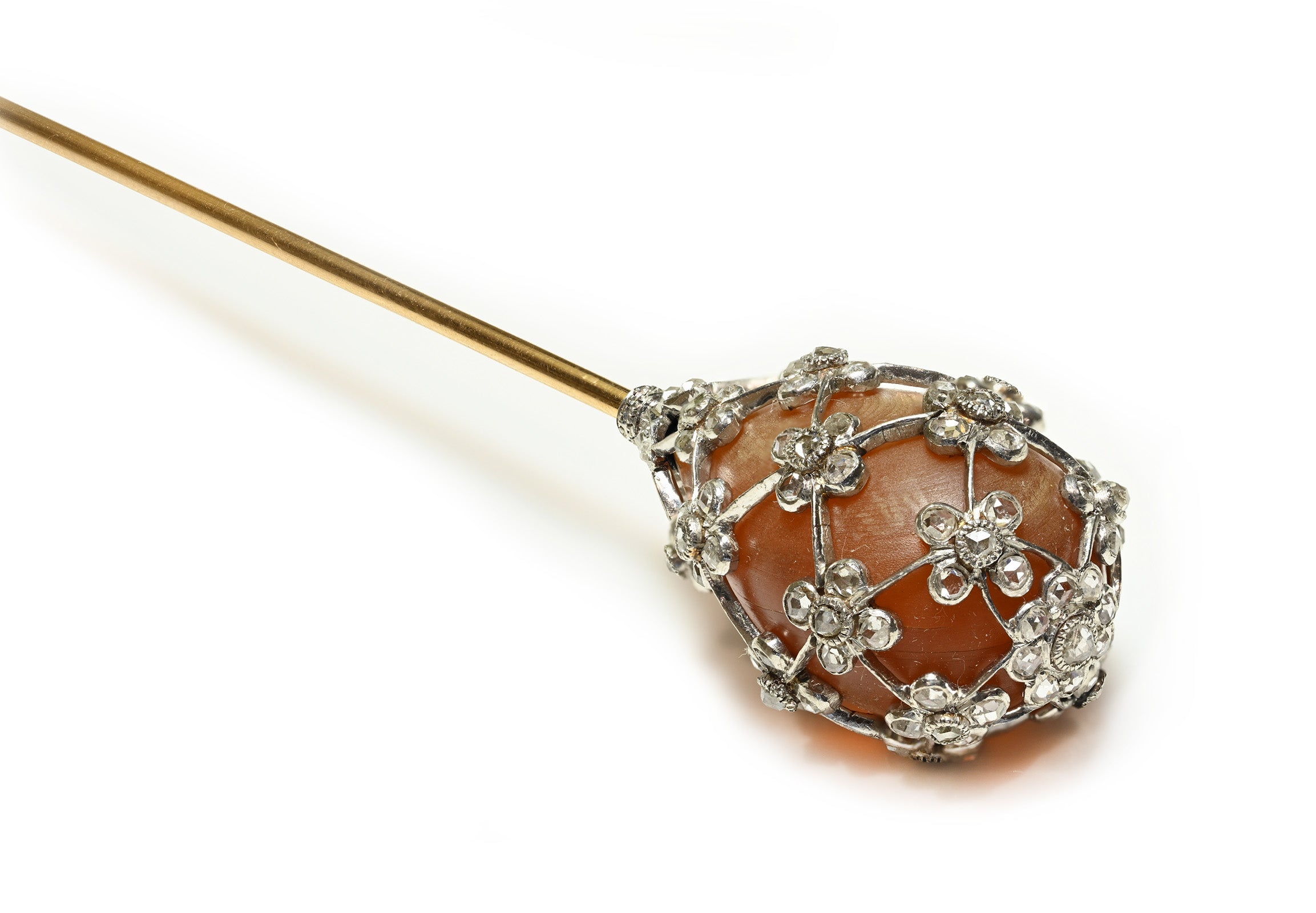 Edwardian Gold Platinum Rose-Cut Diamond Floral Hatpin
