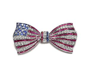 Edwardian Ruby Sapphire and Diamond American Flag Bow Brooch in Platinum