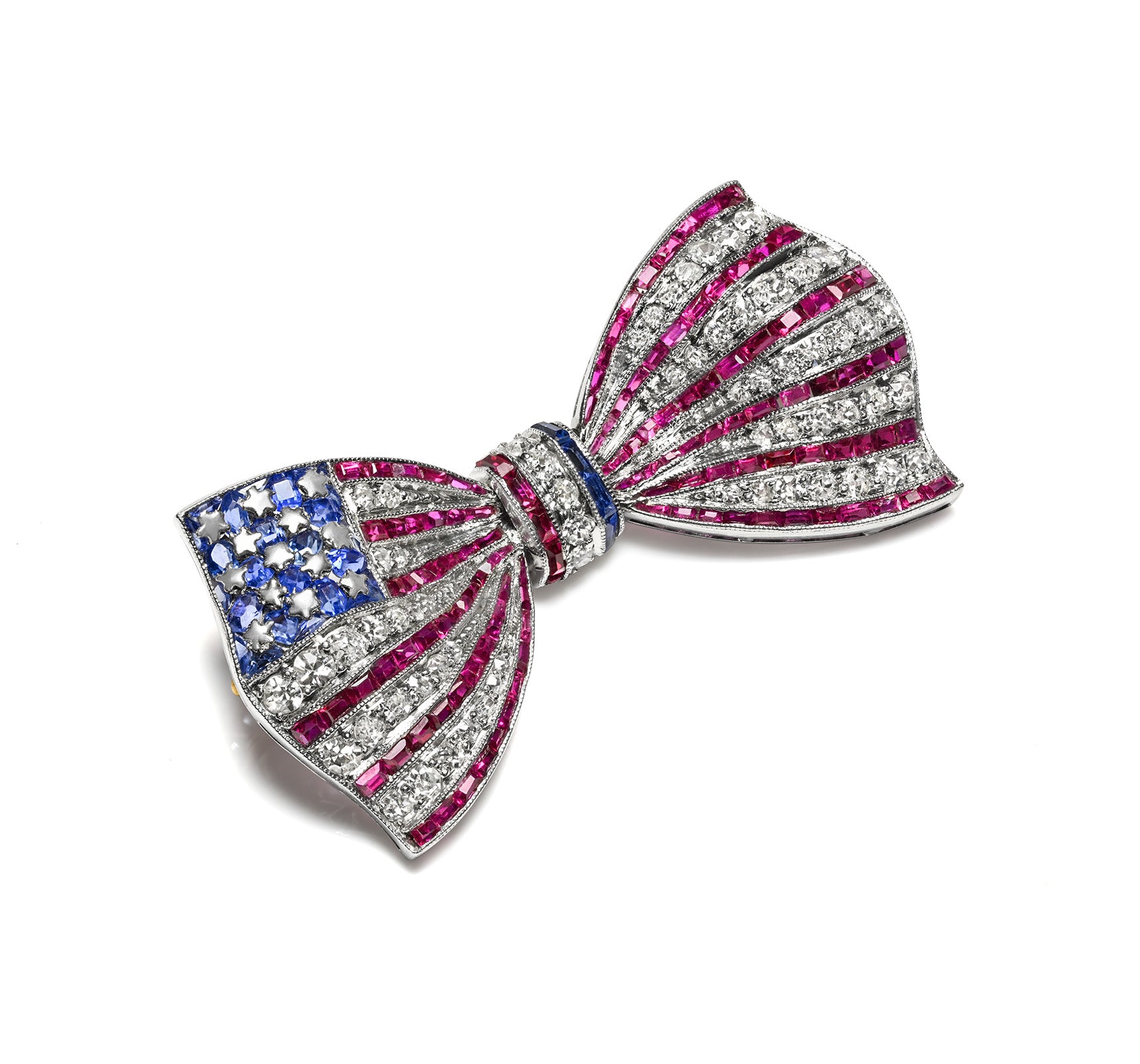 Edwardian Ruby Sapphire and Diamond American Flag Bow Brooch in Platinum