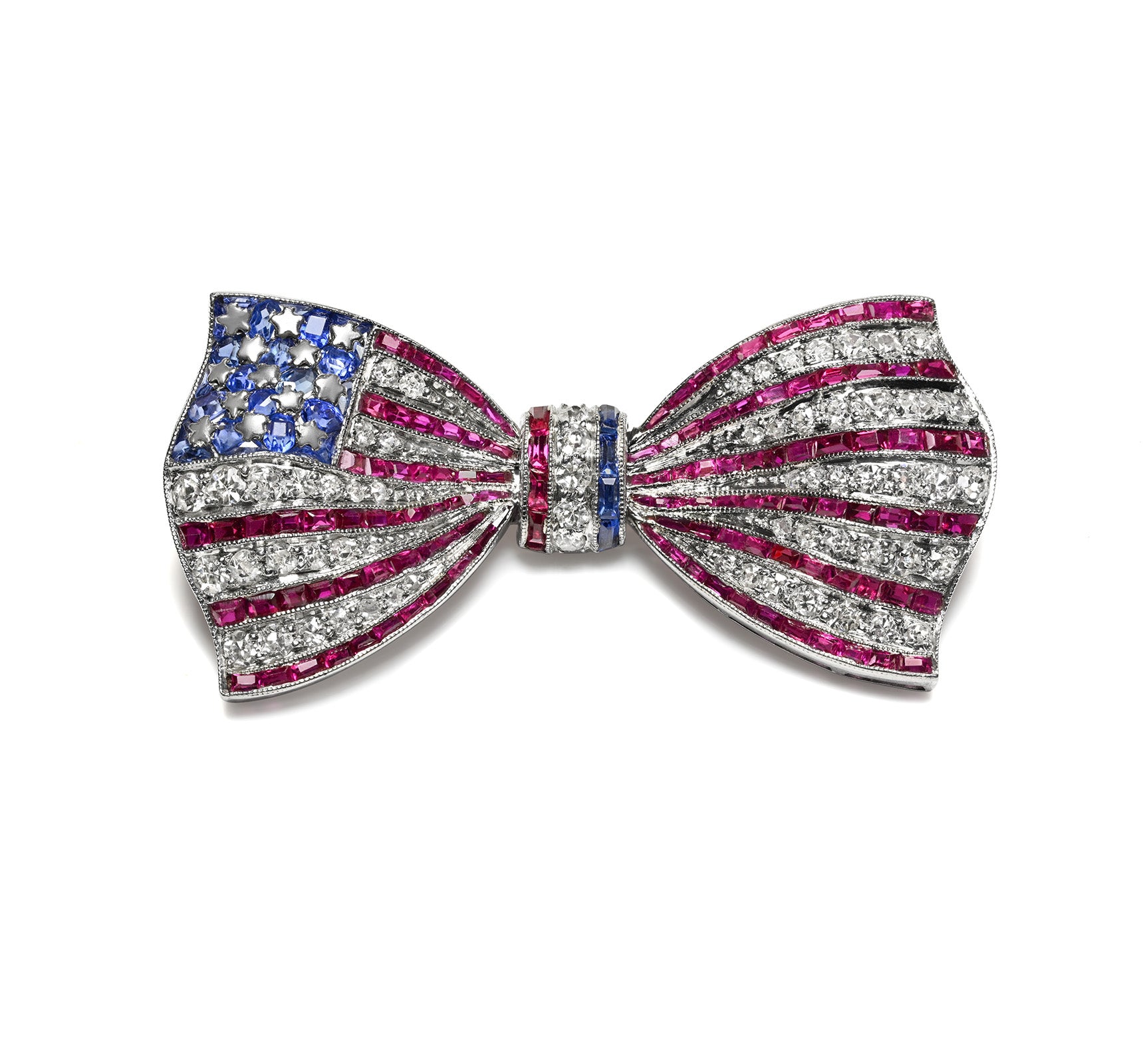 Diamond Ruby Sapphire American Flag Bow Brooch 