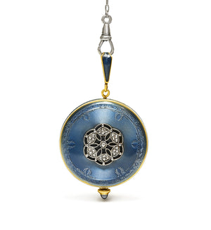 Edwardian Platinum and Gold Blue Guilloché Enamel Pendant Watch with Chain