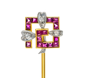 Edwardian to Art Deco Gold & Platinum Calibre Ruby Diamond Geometric Stick Pin