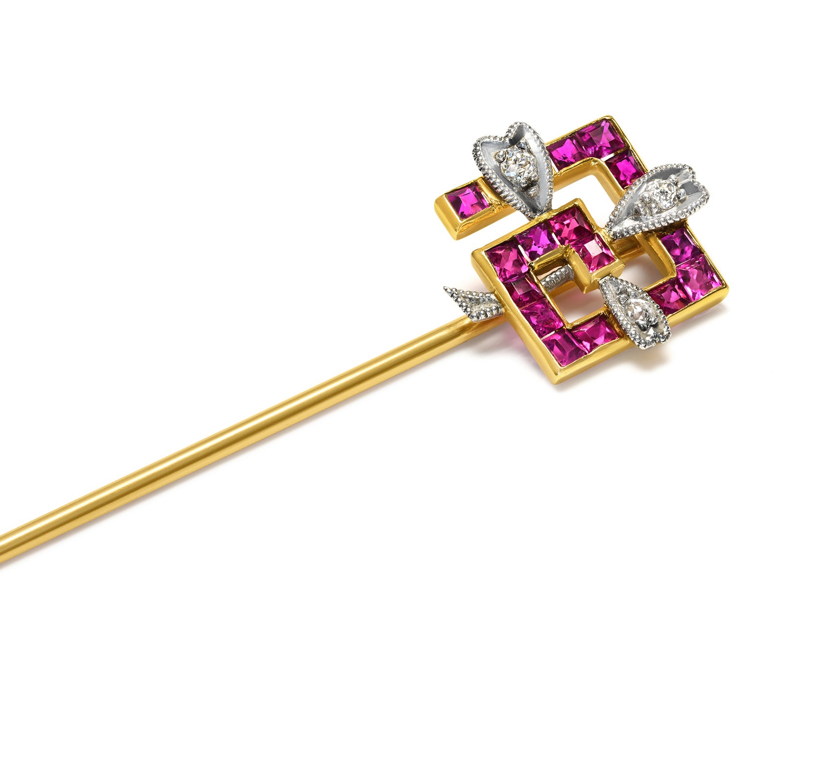 Edwardian to Art Deco Gold & Platinum Calibre Ruby Diamond Geometric Stick Pin