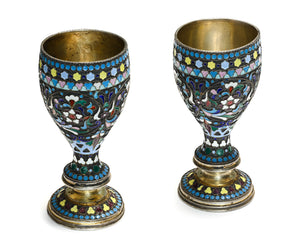 Pair of Antique Imperial Russian Egor Samoshin Silver-Gilt Cloisonné Enamel Goblets