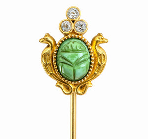 Egyptian Revival Carved Turquoise Scarab and Diamond Gold Stick Pin
