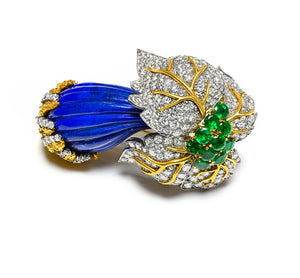 Emerald, Diamond & Lapis Flower Brooch in 18K Textured Yellow Gold