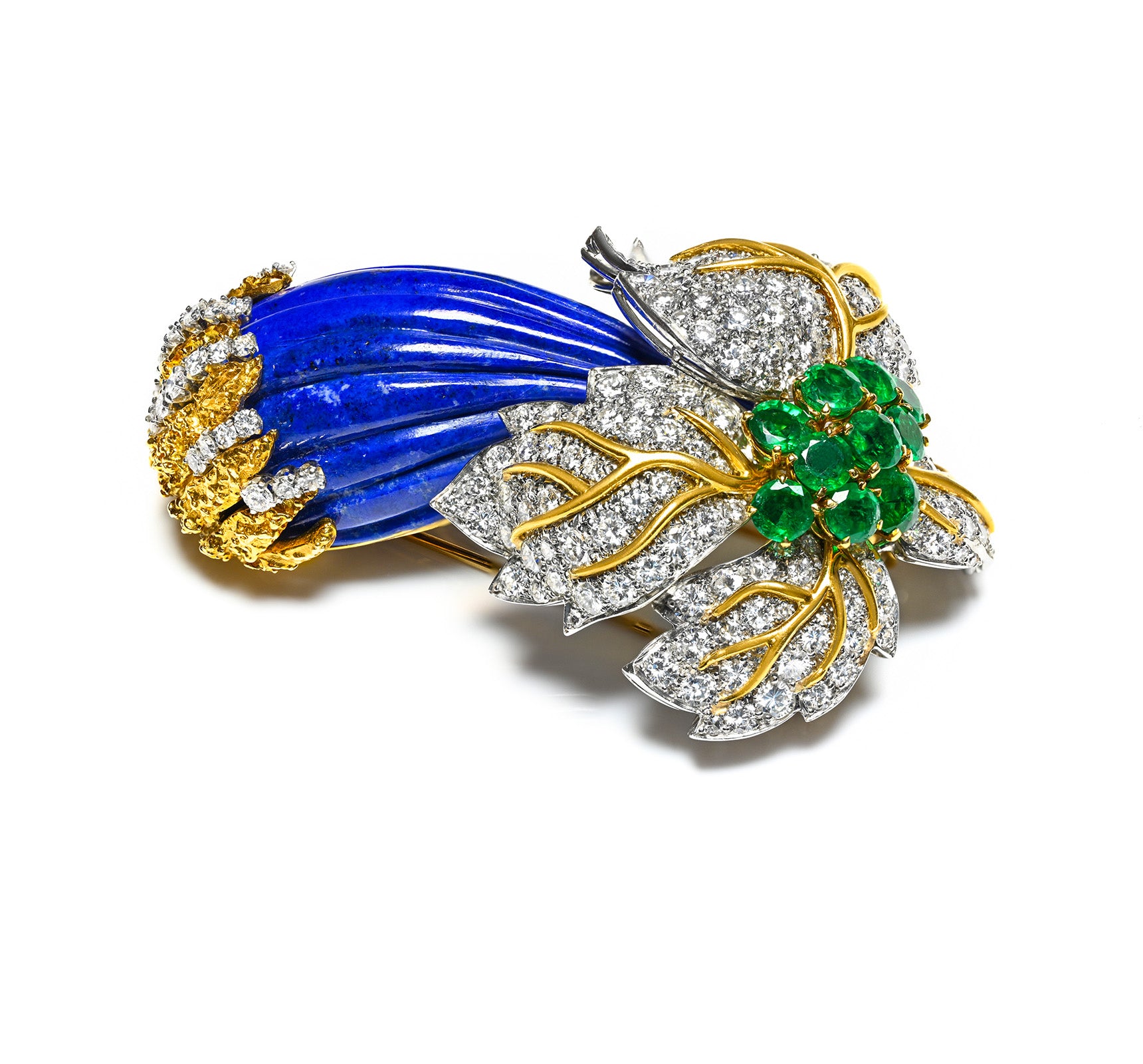 Emerald, Diamond Lapis Flower Brooch 18K Yellow Gold