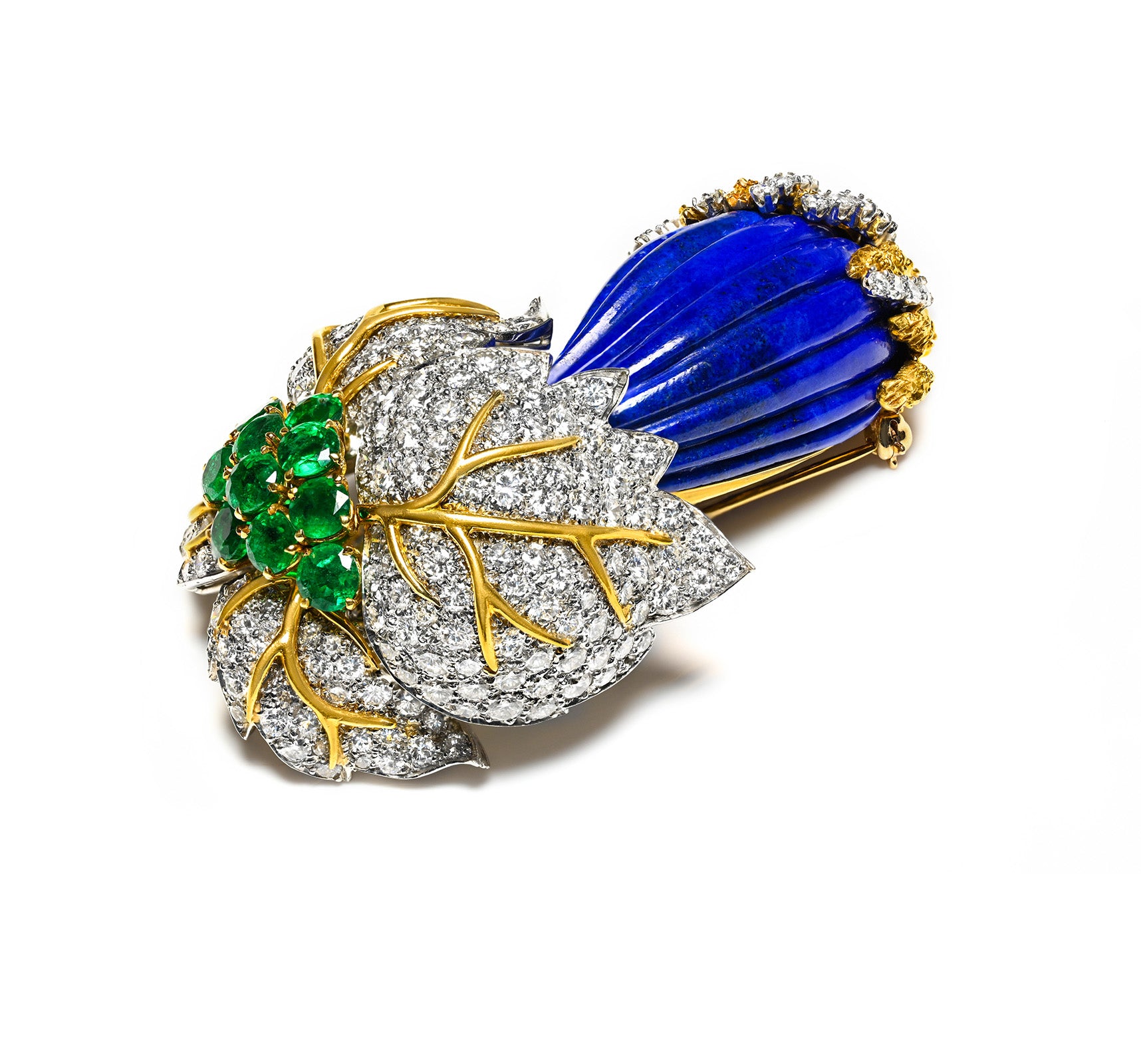 Diamond Emerald Lapis Brooch 18K Gold