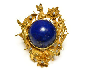 Erwin Pearl Lapis Lazuli Diamond 18K Gold Figural Pendant Brooch