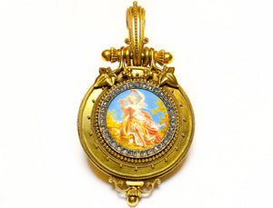 Eugène Fontenay 18K Gold Enamel Diamond Etruscan Revival Locket Pendant