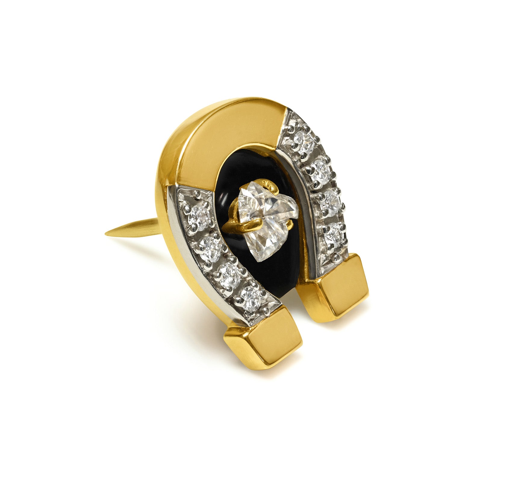Fancy-Cut Diamond Horse Head 18K Yellow Gold Horseshoe Tie Tack