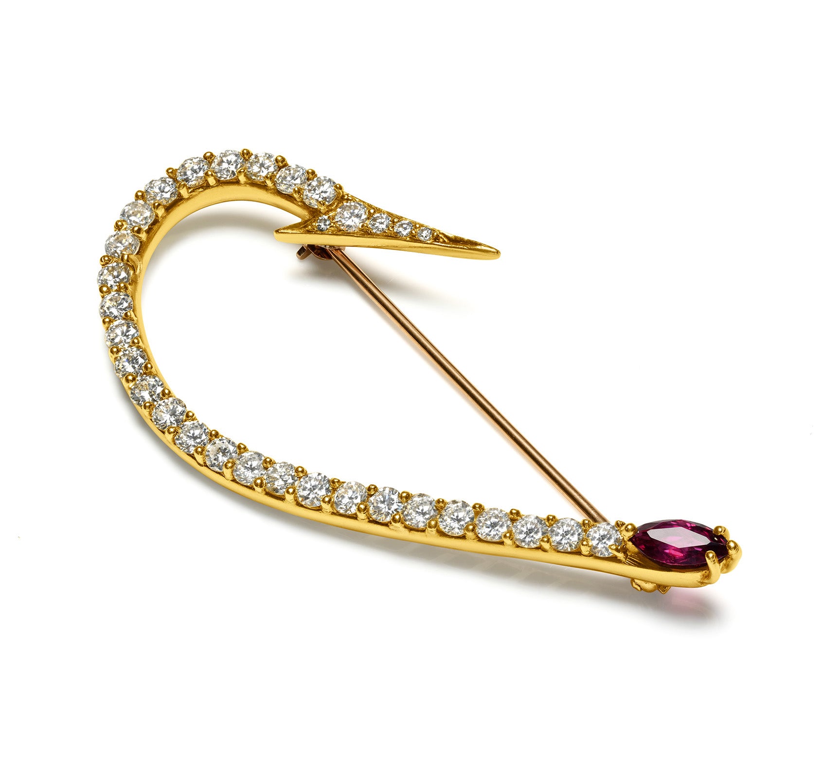 Fish Hook Brooch with Ruby and Diamonds in 18K Gold