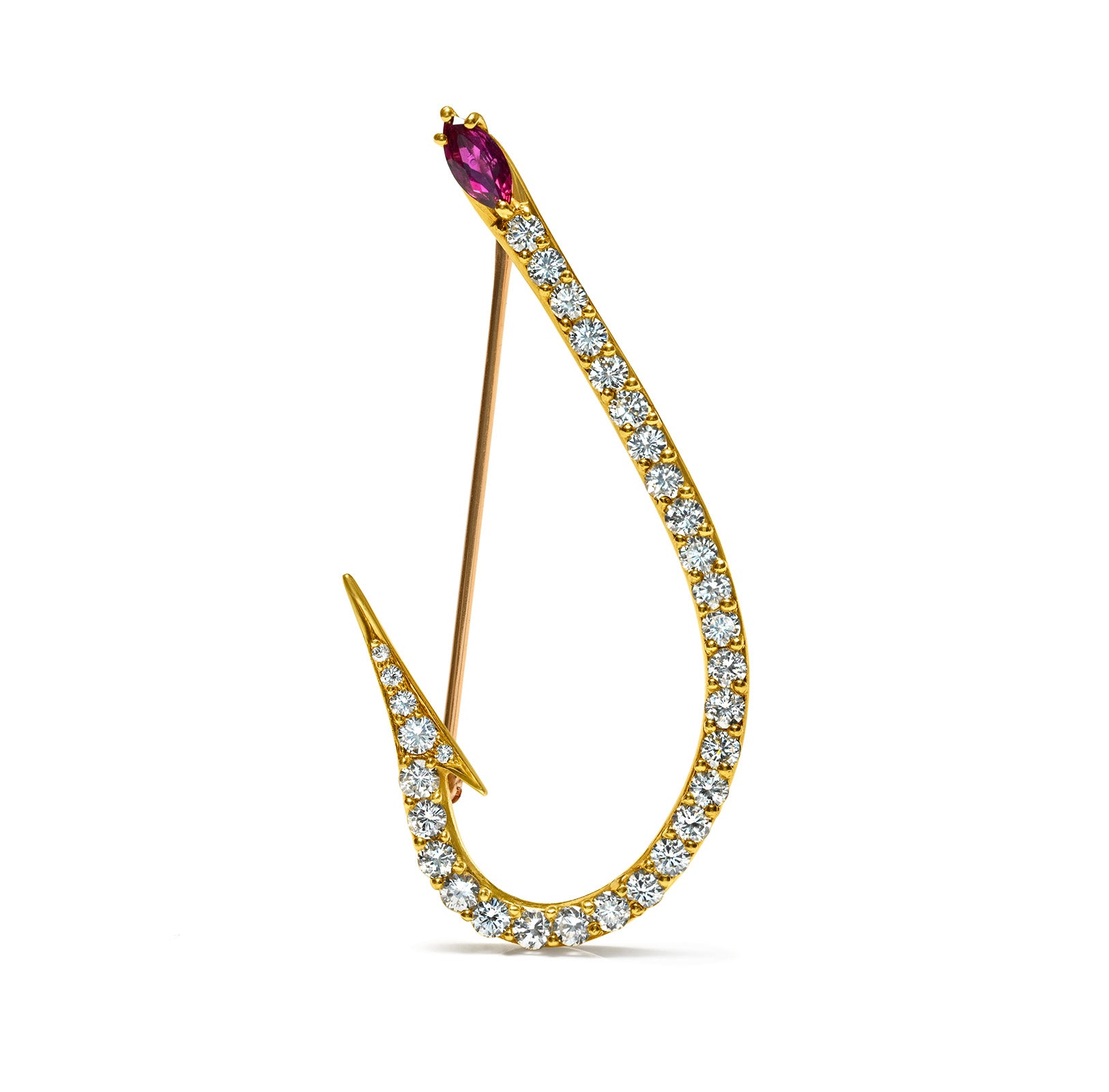 Fish Hook Brooch Ruby Diamonds 18K  Gold