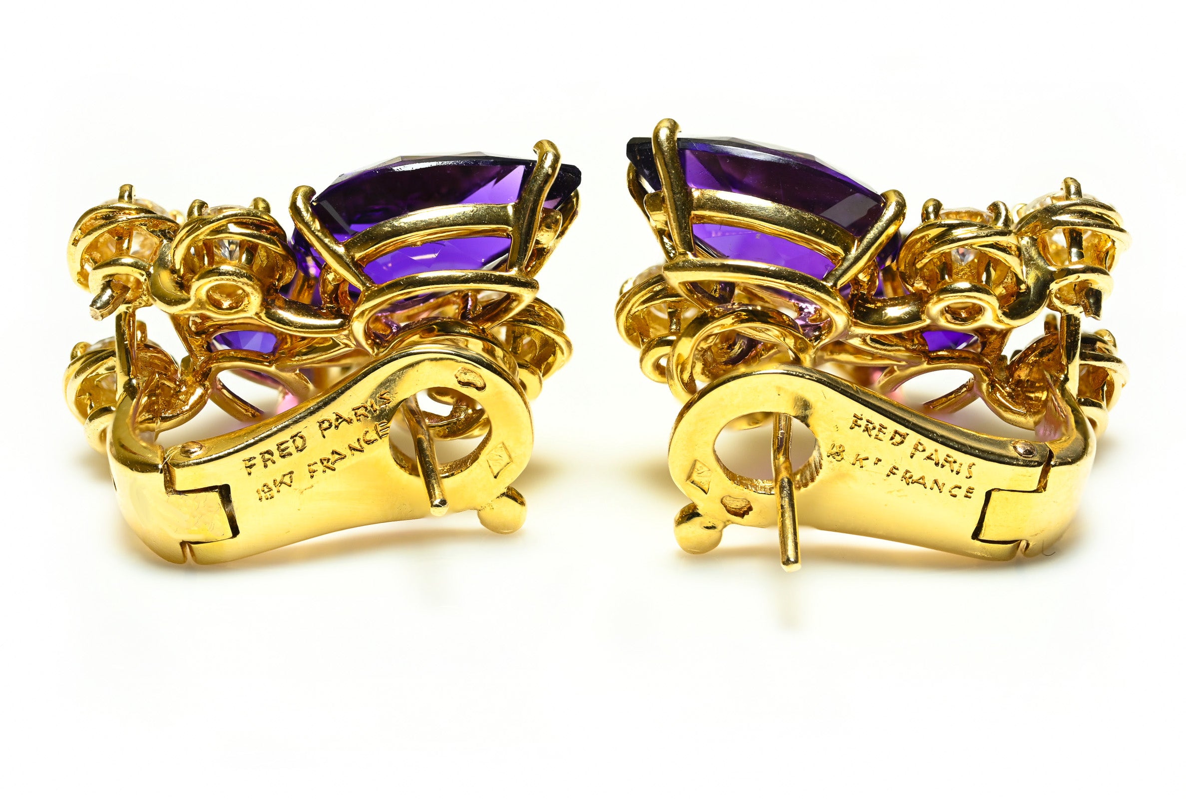 Fred Paris 18K Gold Amethyst and Diamond Earrings Hallmark 