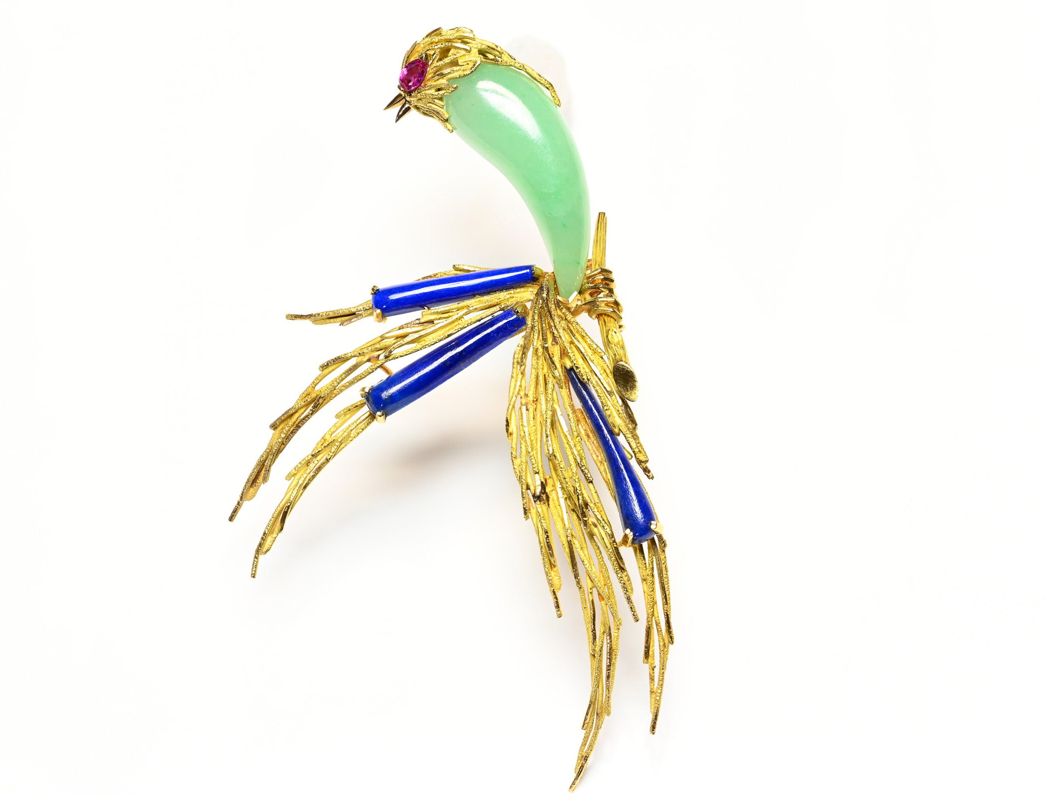 French 18K Gold Bird of Paradise Brooch with Green Agate, Lapis, and Ruby