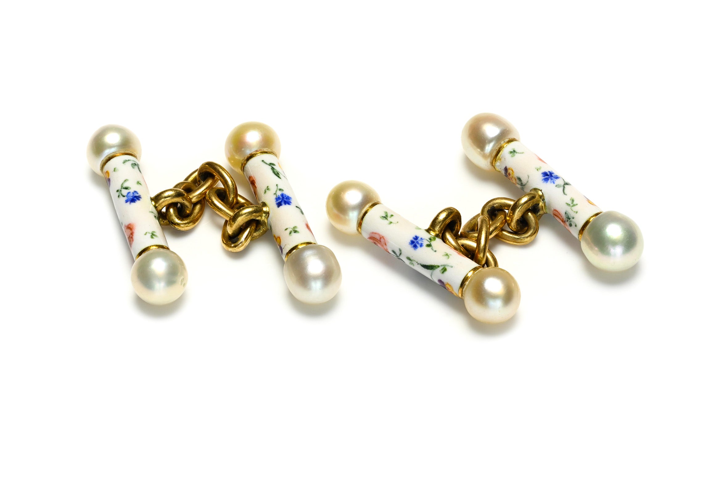French Antique Natural Pearl Floral Enamel 18K Gold Bar Cufflinks