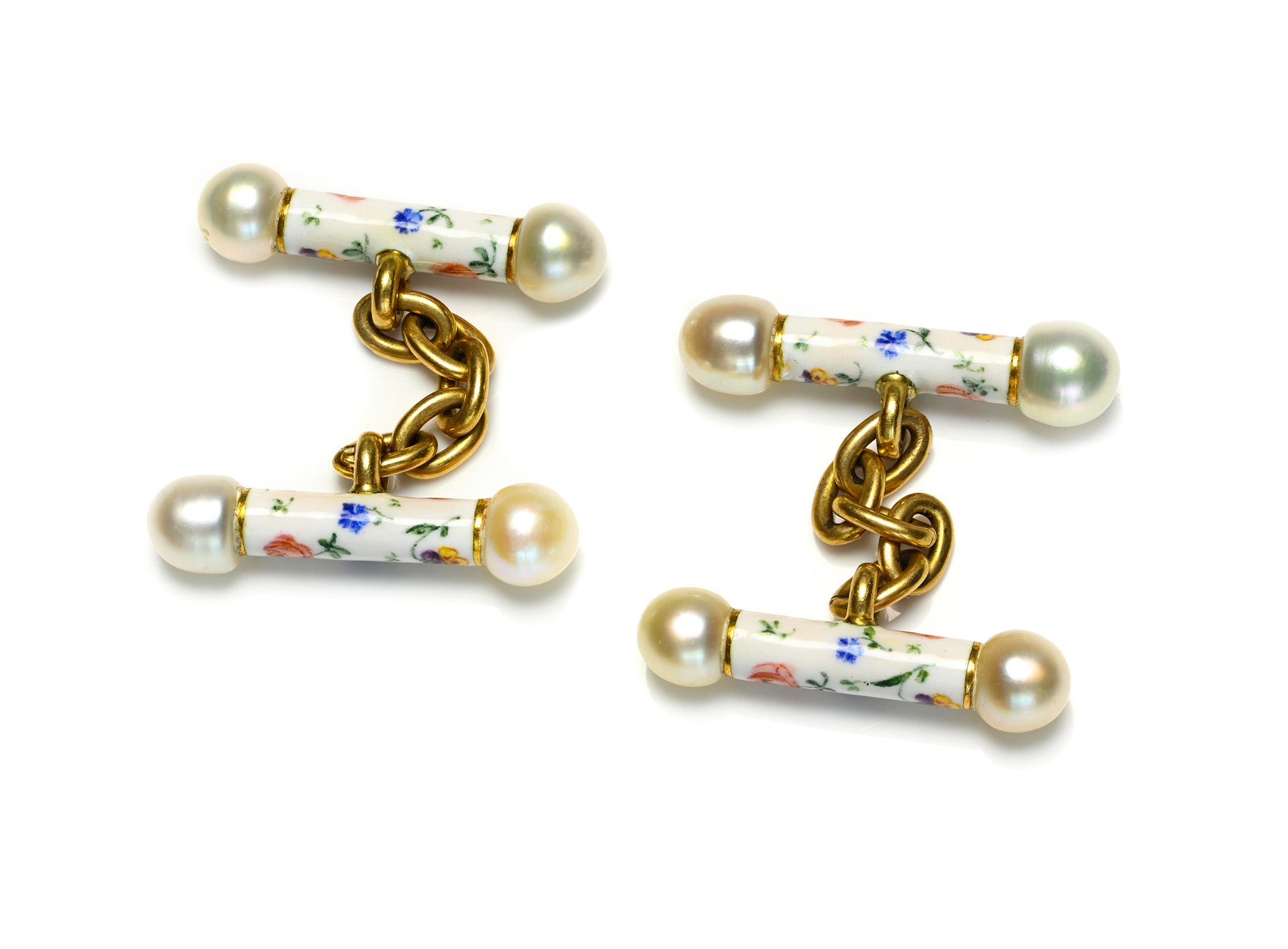 French Antique Natural Pearl Floral Enamel 18K Gold Bar Cufflinks