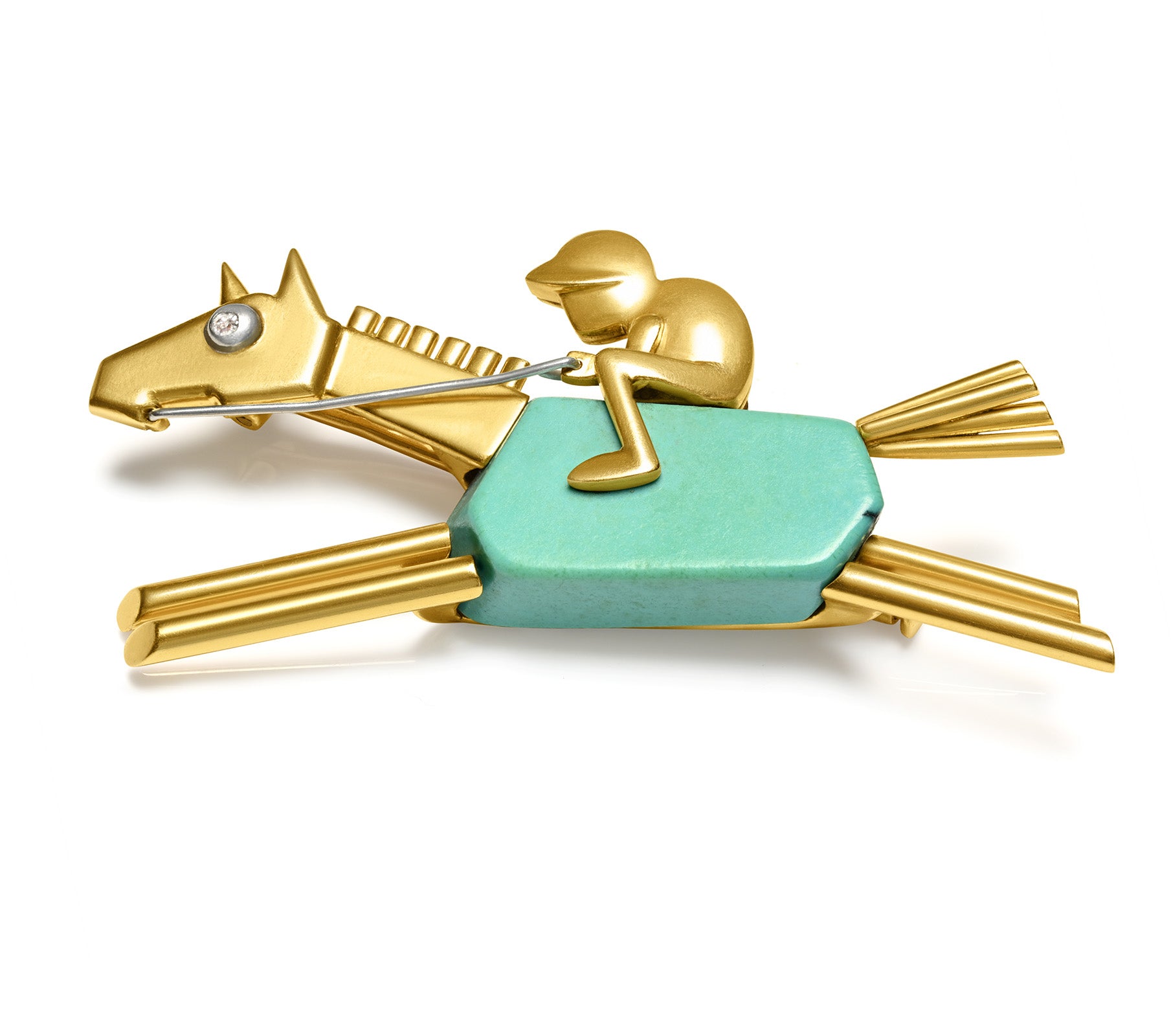 Art Deco 18K Gold Turquoise and Diamond Horse Jockey Brooch