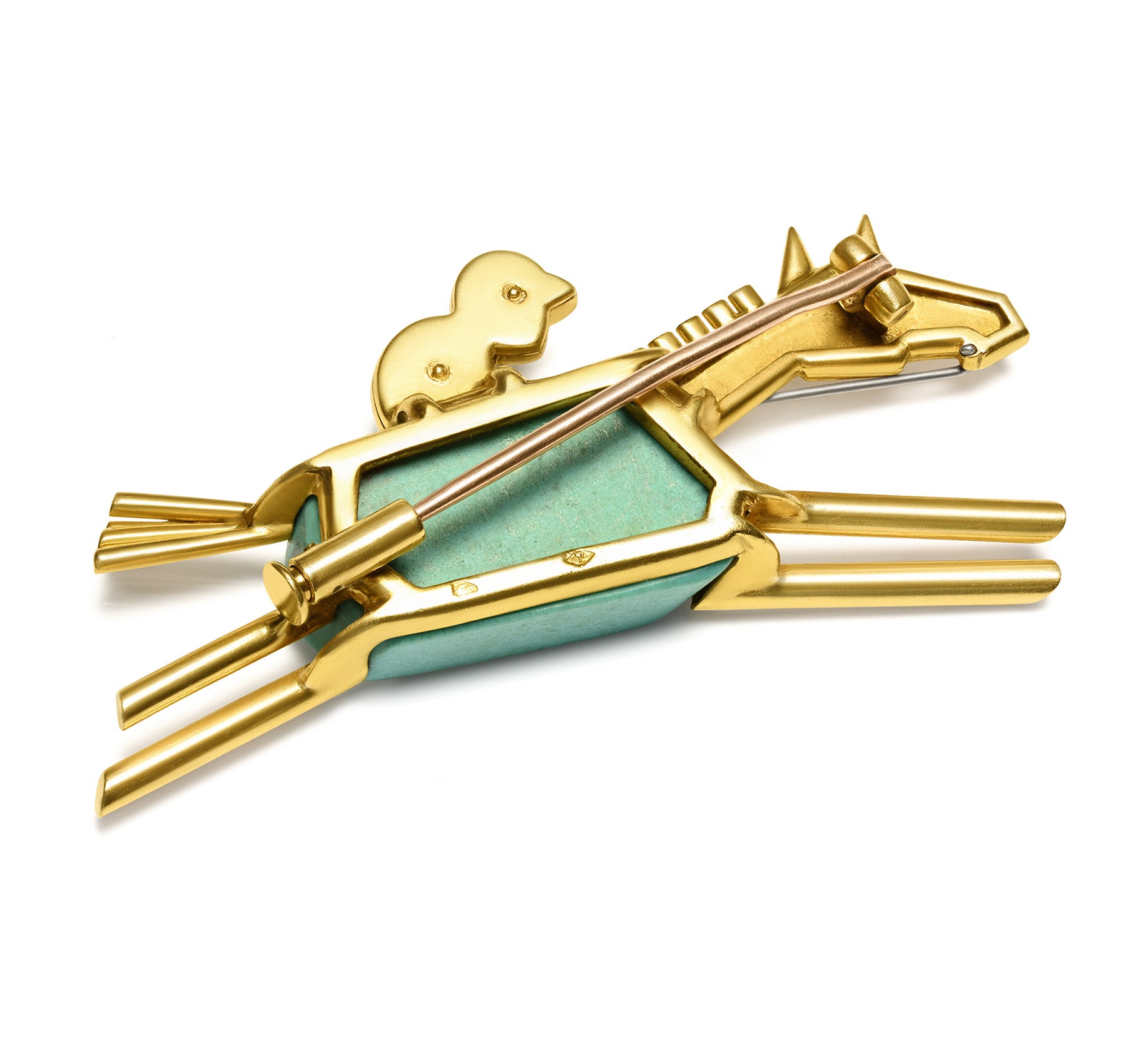 French Art Deco 18K Gold Turquoise and Horse Jockey Brooch