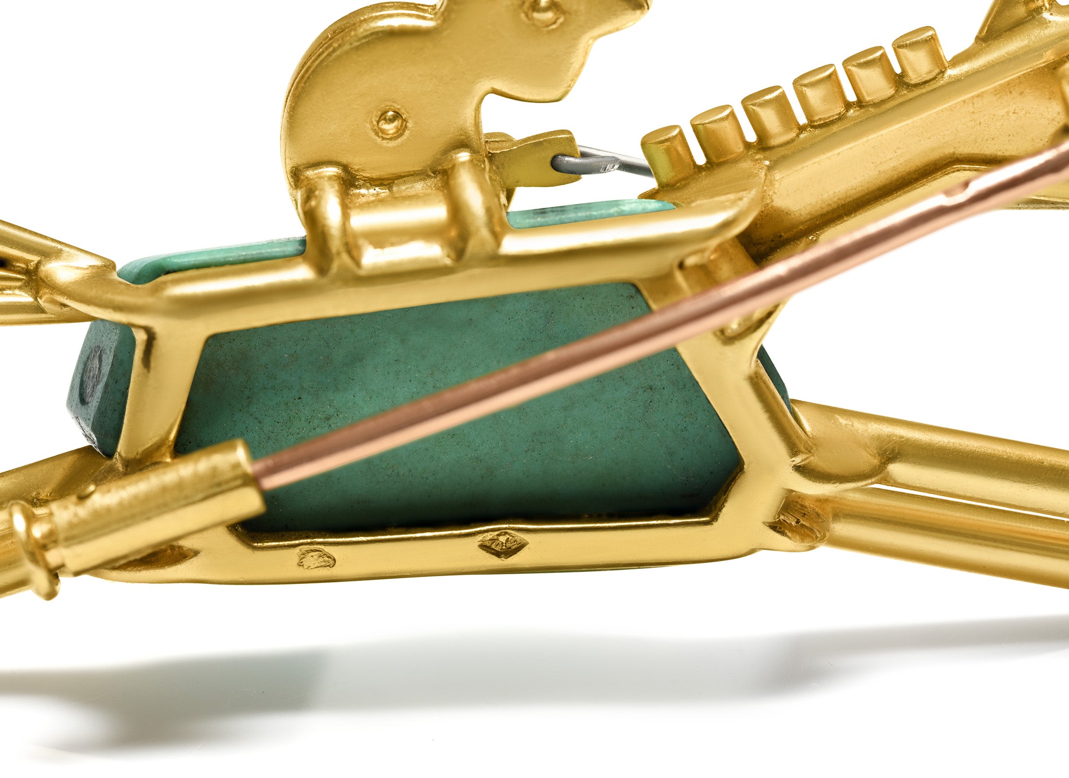 Art Deco 18K Gold Turquoise and Diamond Horse Jockey Brooch French Hallmark